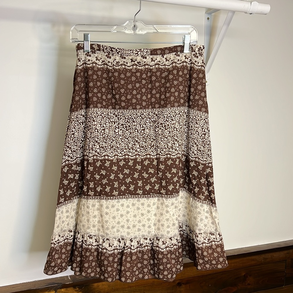 Vintage Route 66 Brown and Cream Floral Ruffle Patterned Women's Skirt- 6/8 - Picture 2 of 4